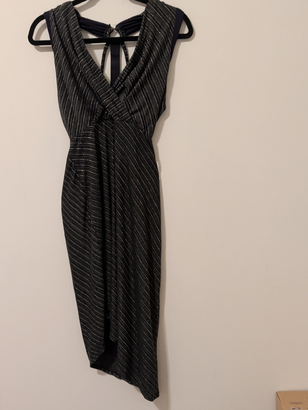 Free People Metallic Stripe Asymmetrical Draped Midi Dress Open Strappy Ring Bac